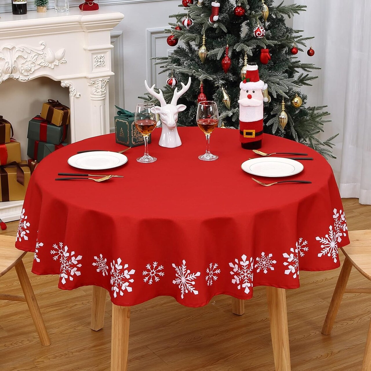 Round Christmas Tablecloth 60 Inch Round Table Cover, Snowflake Chirstmas Table Cloth Indoor Xmas Decorative Table Cover for Party Kitchen Dining Room, Red